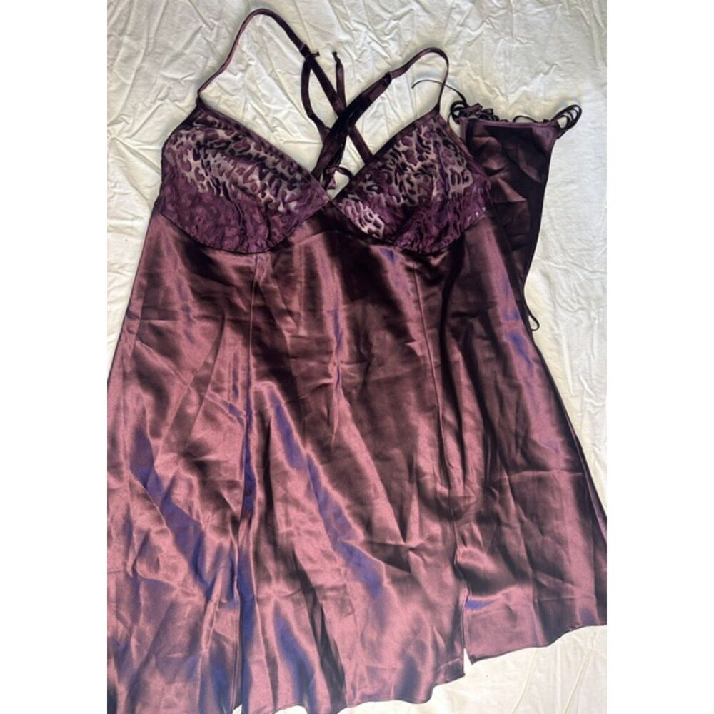 Plum Purple Satin Babydoll Chemise Set 2-Pc Leopard Mesh Slip & Thong 1X 8707
